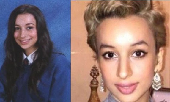 Amina Al-Jeffery lúc còn ở Anh (trái) và sau khi bị cạo đầu.