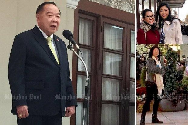 Phó Thủ tướng Thái Lan Prawit Wongsuwon (trái) và hai bức ảnh được cho là chụp bà Yingluck ở London, Anh. Ảnh: Bangkok Post