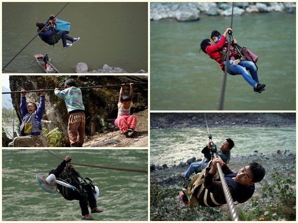 Người dân Trung Quốc phải đu dây lơ lửng qua sông dữ hàng ngày