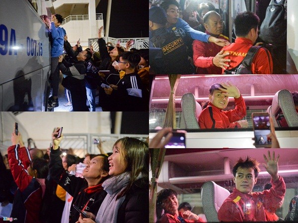 Người hâm mộ bám theo xe của đội tuyển Việt Nam