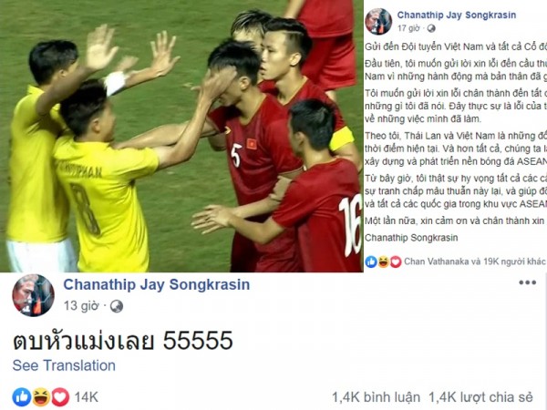 Cổ vũ tát Đoàn Văn Hậu, cầu thủ Thái Lan Chanathip phải đăng đàn xin lỗi bằng tiếng Việt