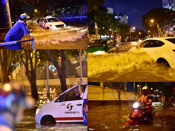 Ôtô chết máy trôi bồng bềnh ở khu nhà giàu Sài Gòn vì ngập