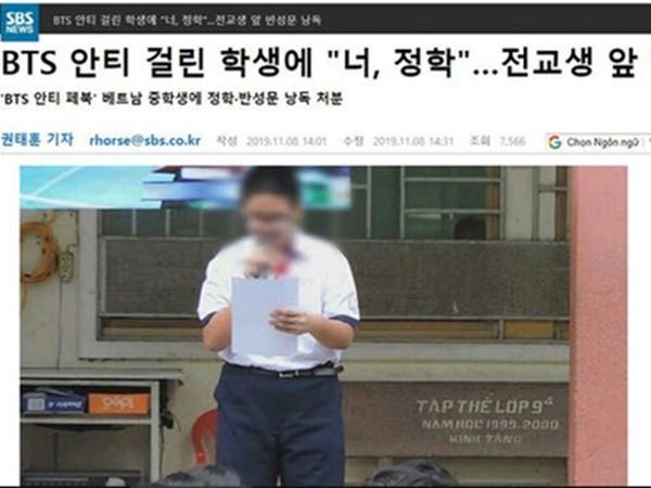 Đài truyền hình Hàn Quốc đưa tin vụ "học sinh Việt lập trang “anti” BTS phải xin lỗi trước toàn trường"