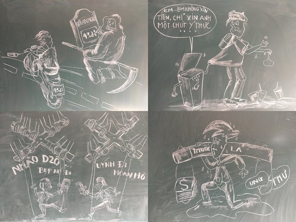 Thầy giáo "gây sốt" với bộ tranh biếm họa các tệ nạn xã hội, thói hư tật xấu bằng phấn bảng