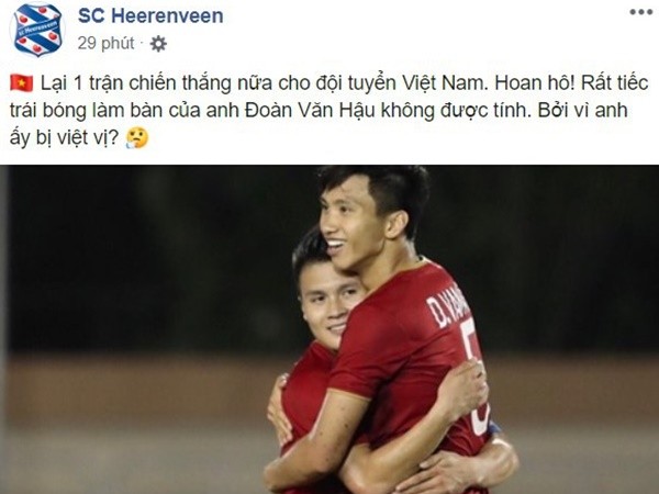 Tài khoản CLB Heerenveen chúc mừng Văn Hậu bằng tiếng Việt khiến fan thích thú