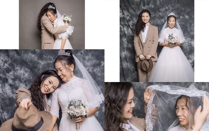Cô con gái mặc vest để cùng người mẹ hơn 60 tuổi chụp ảnh cưới