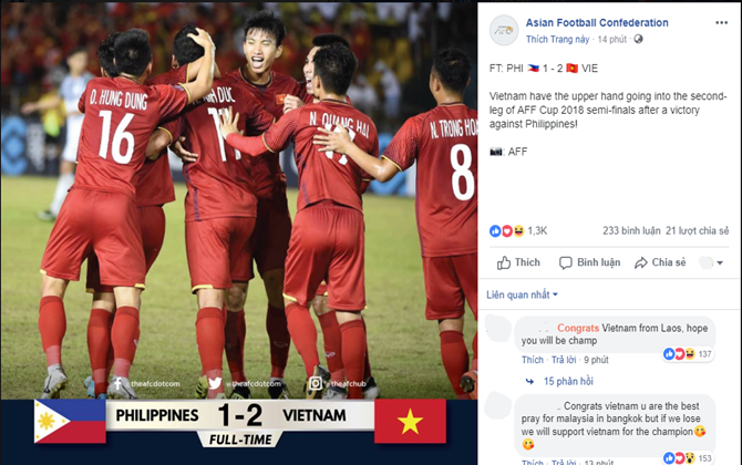 Đội tuyển Việt Nam nhận "bão" lời khen trên fanpage của giải AFF Suzuki Cup